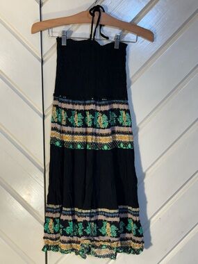 Black Floral Tiered Maxi Dress with Green Accents